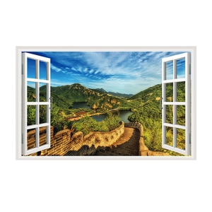 3D faux window wall sticker featuring a scenic view of the Great Wall of China landscapes