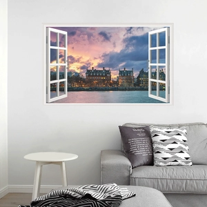 3D wall sticker showing sunset over London Thames river with white window frame