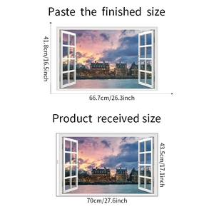 3D city skyline window wall sticker size comparison showing layout and final dimensions