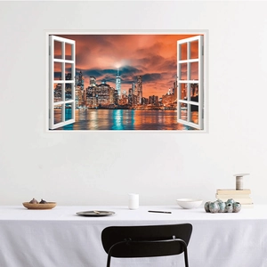 3D fake window wall sticker featuring a modern city skyline and night reflection