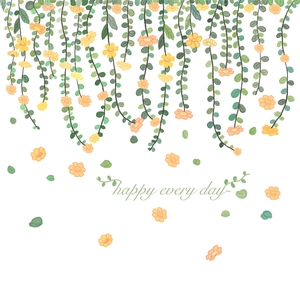 Green vine wall sticker with yellow flowers and Happy every day text for home decor