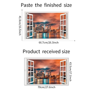 3D city sunset window wall sticker showing received size 70x43.5cm and finished 66.7x41.8cm