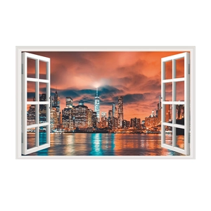 3D fake window wall sticker featuring a sunset cityscape view of New York skyline