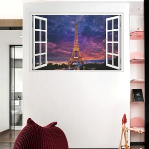 3D fake window wall sticker featuring Eiffel Tower sunset landscape for home decor