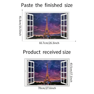 Size chart for 3D fake window wall sticker showing received and finished dimensions