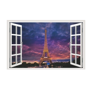 Detail of 3D fake window wall sticker showing Eiffel Tower at sunset landscape
