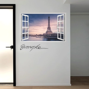 Detailed 3D landscape wall sticker featuring Eiffel Tower sunset through a faux window frame
