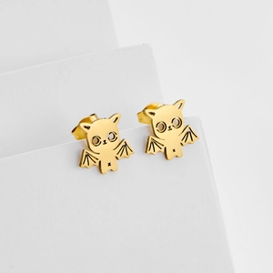Minimalist gold bat stud earrings for Halloween featuring cute cartoon animal design