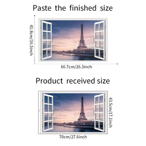 3D wall sticker detail showing the finished size and received sheet dimensions for decor