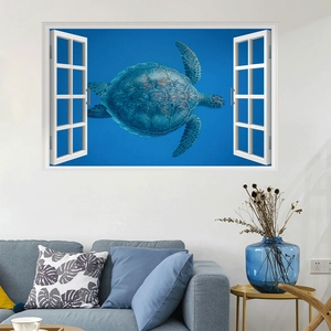 3D ocean view wall sticker showing a sea turtle through an open window in a living room