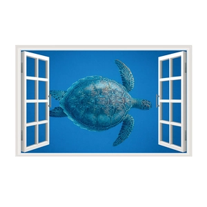 Detailed 3D sea turtle wall sticker with white window frame view for home decor