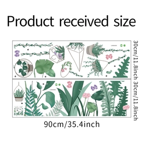Size layout of tropical plant wall stickers featuring monstera and potted green leaf decals