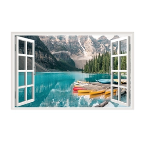 Detailed 3D window wall sticker featuring a snow mountain lake and colorful canoes