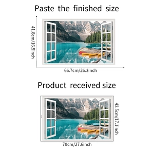 Detailed size chart for fake window wall sticker showing mountain lake landscape and kayaks
