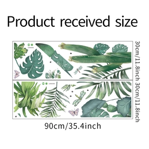 Detail view of tropical leaf wall decals set with product dimensions and insect patterns