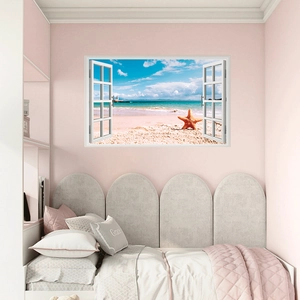 3D wall sticker with white window frame view of a tropical beach and starfish decor