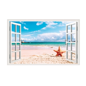 Detailed 3D faux window wall sticker showing a tropical beach with a starfish and sea