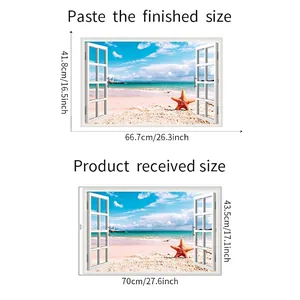 3D beach window wall sticker showing product dimensions for home bedroom decor