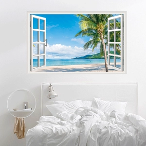 3D window wall sticker featuring a tropical beach landscape for bedroom home decor