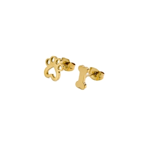 Asymmetrische goldene Edelstahl-Ohrstecker mit hohlem Hundepfoten- und Knochendesign