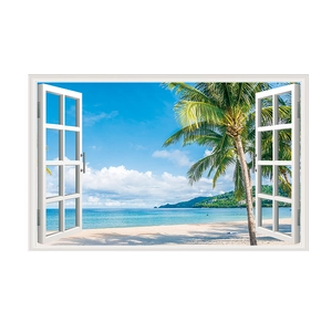 Macro detail of a 3D window wall sticker featuring a tropical beach and palm trees view