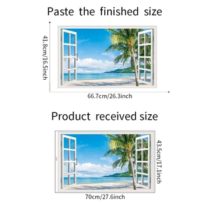 Detailed size guide for 3D tropical beach window wall sticker showing layout and finish dimensions