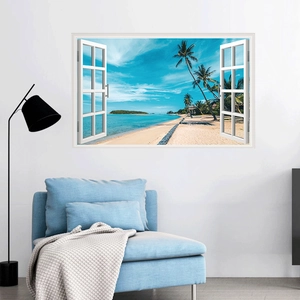 Detailed 3D tropical beach faux window wall decal in a modern living room setting