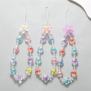 Sweet Acrylic Beaded Flower Phone Charm Anti-Lost Colorful Floral Phone Strap Wristlet Decoration For Women Girls Phone Case Hangings