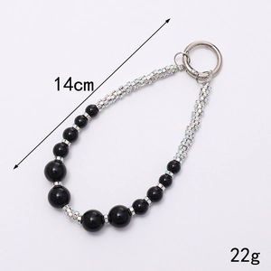 Dragonne de téléphone perlée à la main avec perles noires et strass, longueur 14cm