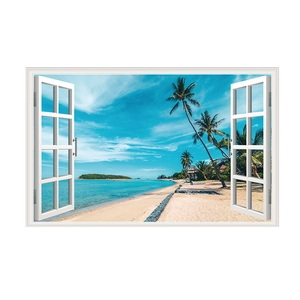 Detail view of 3D fake window wall decal showing a tropical beach with palm trees
