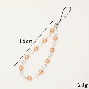 Beaded heart phone lanyard charm with colorful acrylic crystals and metal clasp, 15cm length