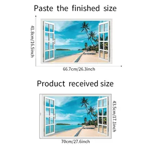 Size chart for 3D fake window wall sticker showing beach landscape dimensions