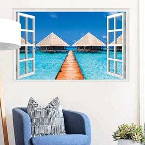 Detail of 3D window view wall sticker with Maldives tropical island beach scenery