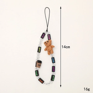 Beaded phone strap featuring brown bear and coffee cup charms on a clean white background