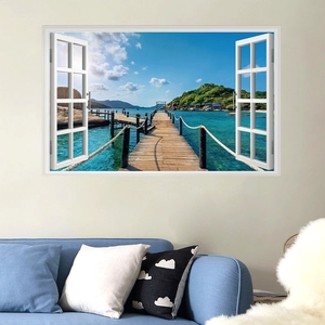 Detailed 3D wall sticker featuring a tropical ocean view with a rustic white window frame