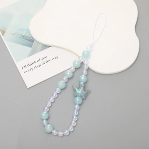 Cartoon crown heart beaded phone lanyard with iridescent blue beads and wrist strap