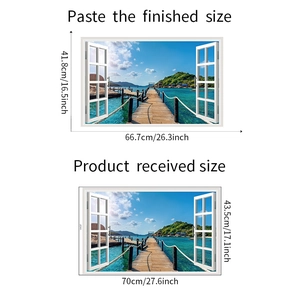 Detail view of 3D window wall sticker showing dimensions for the island beach scenery