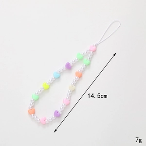 Handmade phone charm with white faux pearls and macaron heart beads, 14.5cm length