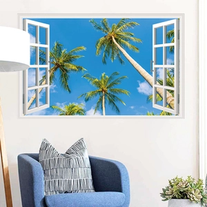 Detailed 3D wall sticker showing tropical beach palm trees through a white faux window frame