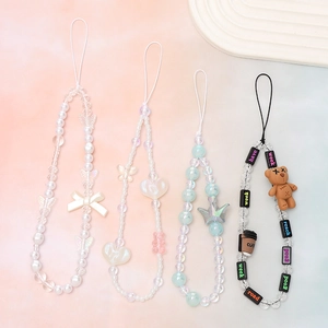 Chic beaded phone lanyards with cartoon bear and heart charms in assorted colors