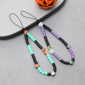 Halloween Pumpkin Beaded Phone Chain Wrist Strap Acrylic Polymer Clay Ghost Skull Phone Case Lanyard Hanging Accessory Gift