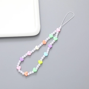Pastel bear beaded phone charm strap with heart beads and faux pearls for wrist