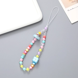 Colorful beaded phone strap with blue duck and checkered charms for women
