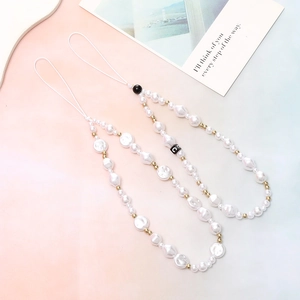 Handmade beaded phone strap with irregular pearls and letter C charm for wrist hanging
