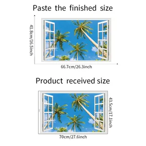 Size chart for 3D window wall sticker showing palm trees with dimension labels