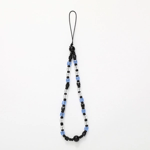 Beaded crystal block phone wrist strap with blue and black beads and bow ornament