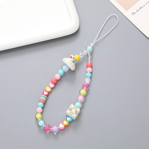 Colorful beaded phone wrist strap with heart charms, checkered cubes and a cute duckling charm