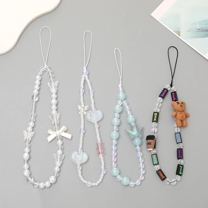 Handmade Beaded Phone Chain Acrylic Resin Heart Crown Butterfly Bear Charm Anti-lost Wrist Strap Lanyard Decoration For Women