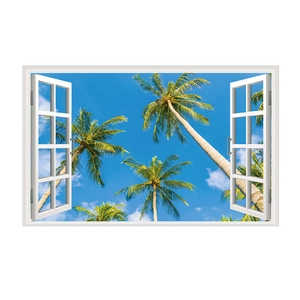 Detail of 3D window wall sticker showing tropical beach with coconut trees and blue sky