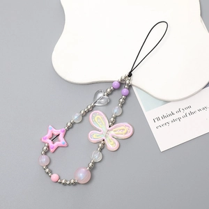 Detail of beaded phone strap with pink butterfly pendant, star charms and colorful beads